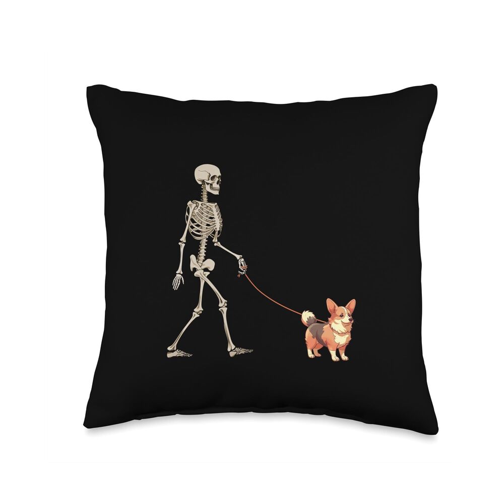 3283 Funny Tri Color Corgi Skeleton Dog Walking Halloween Throw Pillow